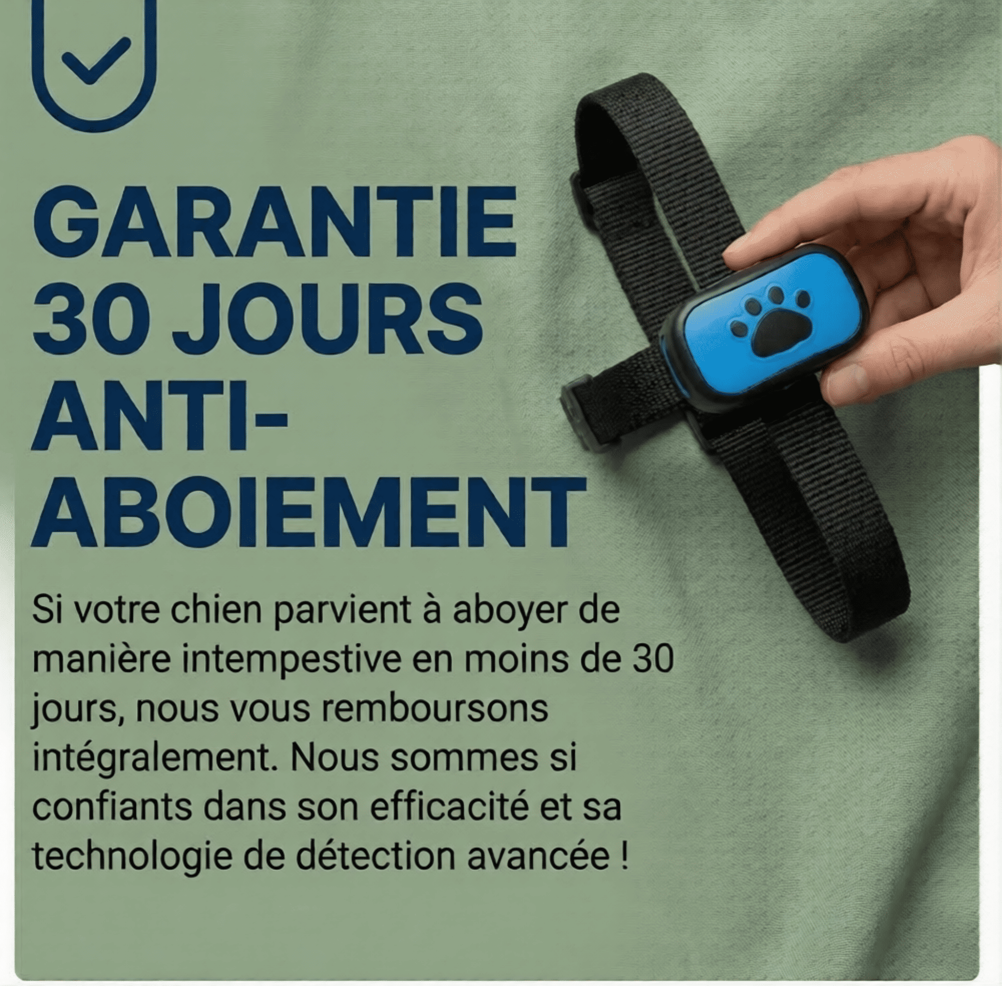 Image de garantie 30 jours pour le collier anti-aboiement avec à gauche le collier tenu dans la main d'une personne